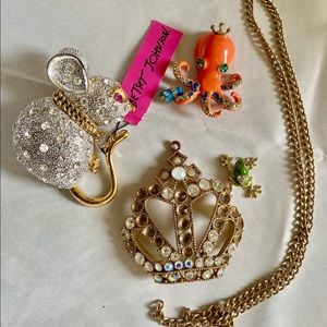 Mish Mash of Betsey Johnson Charms/Pieces/Chain & Non Brand Ostrich Brooch AS IS